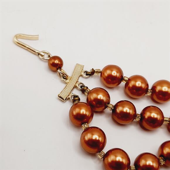 Vintage Japan 1950s Copper Pearl Necklace 3-Strand w/ Topaz Crystals, 18" - Picture 8 of 11